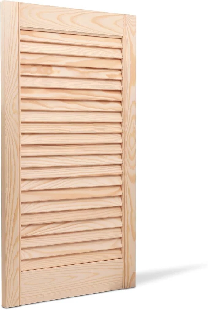Natural pine open louvre door, angled view